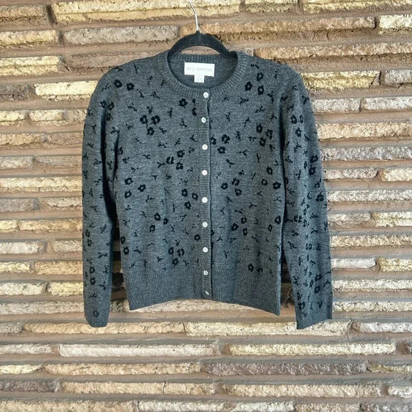Vintage Charcoal Black Floral Flocked Merino Wool Cardigan Sweater Size Small P - Picture 6 of 7